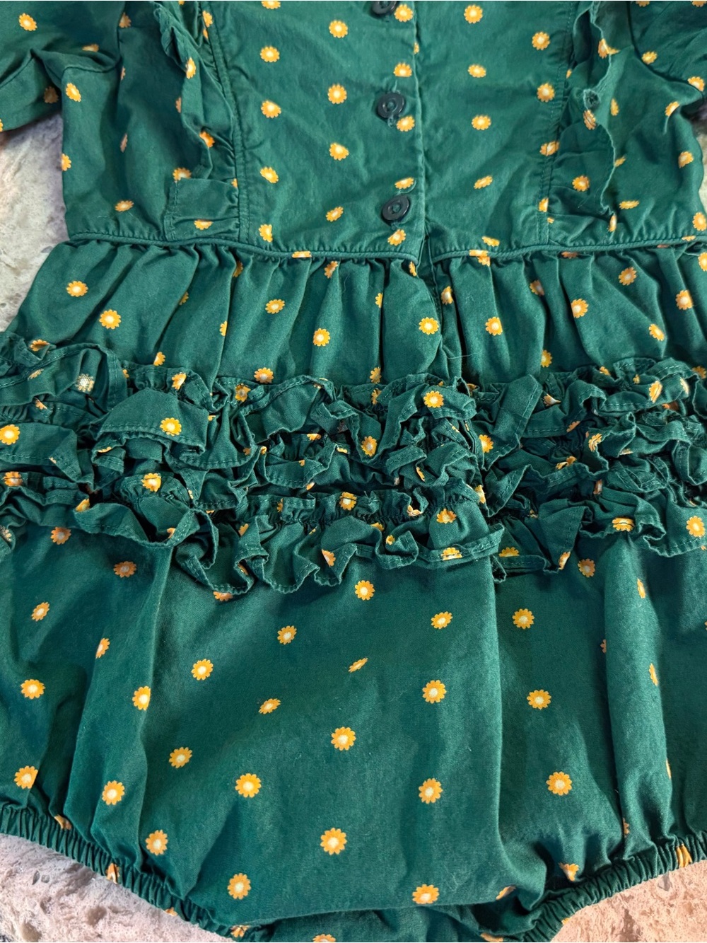 Ruffle Butts Emerald Green Long-Sleeve Bubble Romper with Gold Daisies - Picture 4 of 6